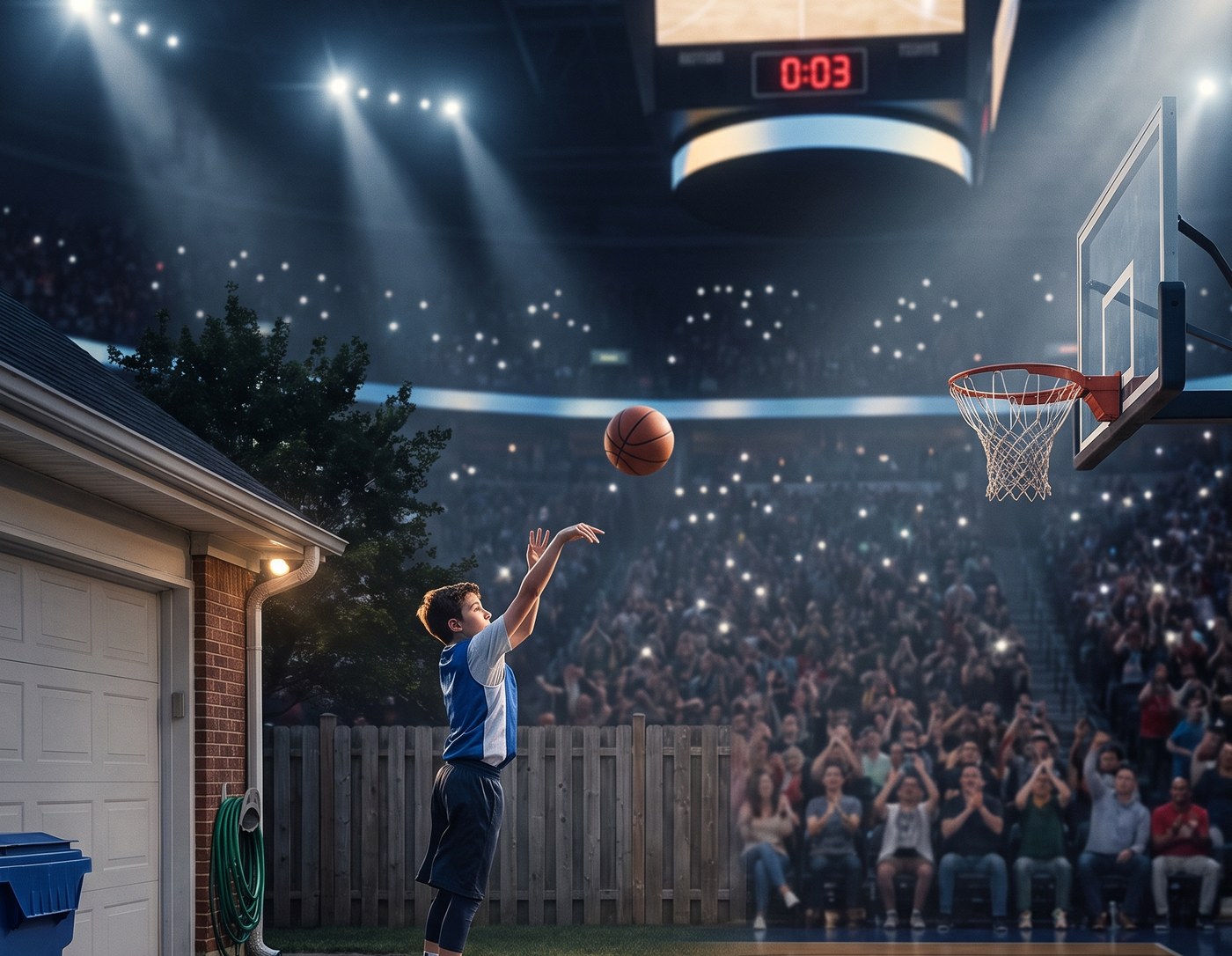 A kid shooting on his driveway that turns into a packed arena
