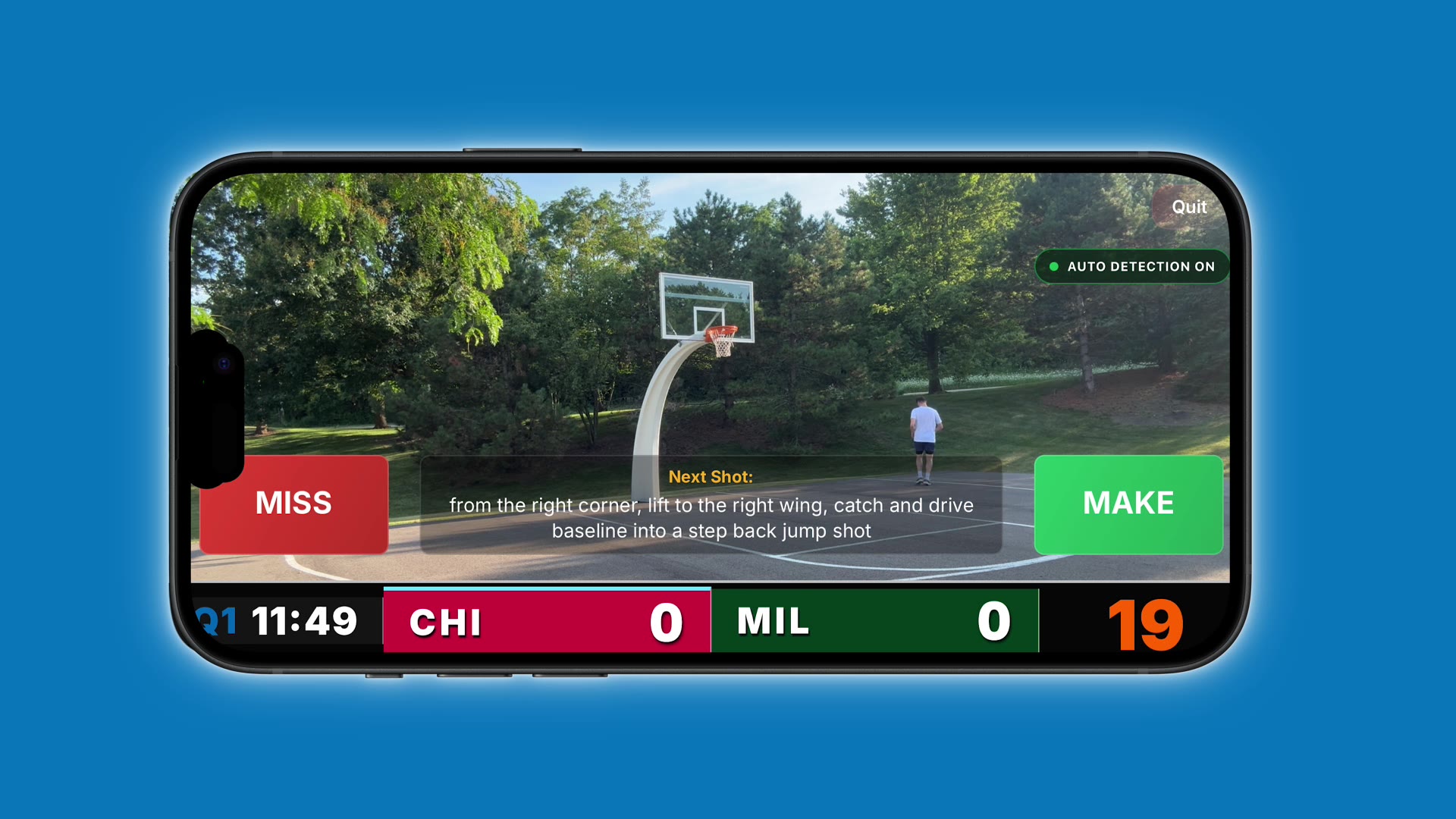 The game screen mid-possession: live score CHI 9 MIL 9, a Next Shot prompt, and make or miss tracking
