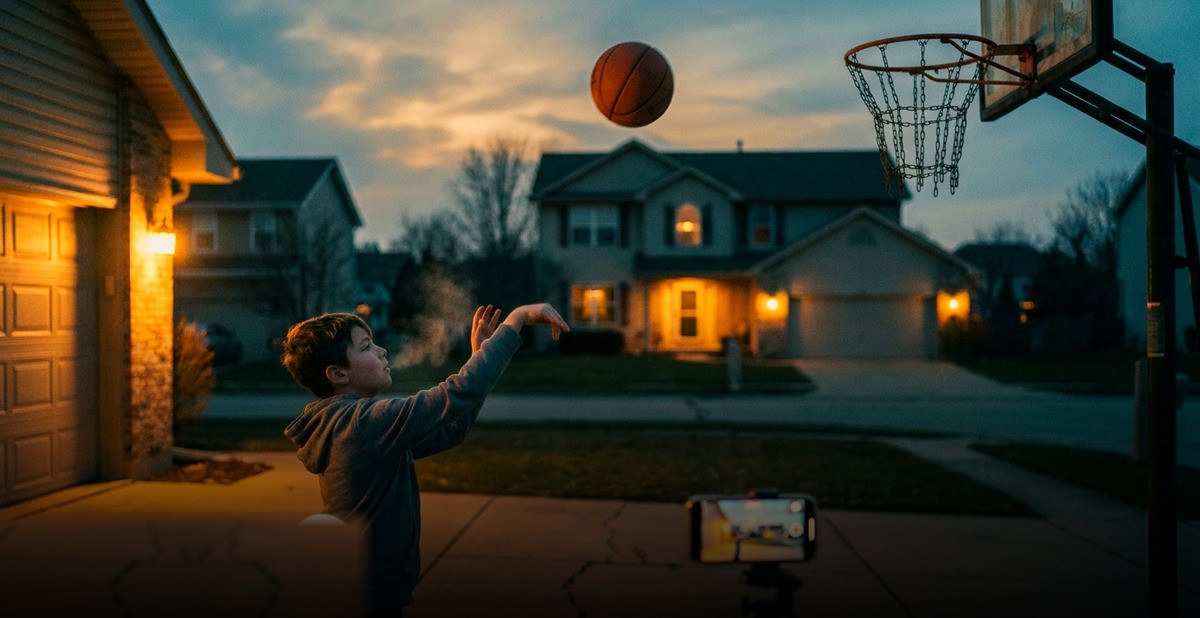 A kid shooting on a driveway hoop at dusk, with a phone propped on a tripod filming the shot